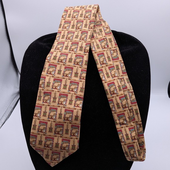 Salvatore Ferragamo Mens Silk Tie Tan Tiger Bamboo Lantern Animal Print Italy - Picture 2 of 8